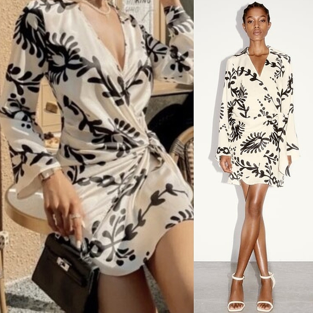 💙Zara Black and Cream Floral Wrap Dress☆